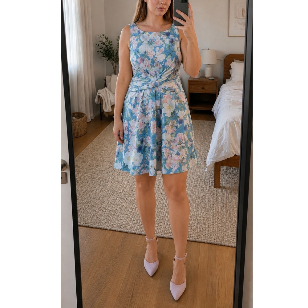 Vince Camuto Floral Dress Size 12 Blue Jacquard‎ Flare Wedding Romantic Spring
